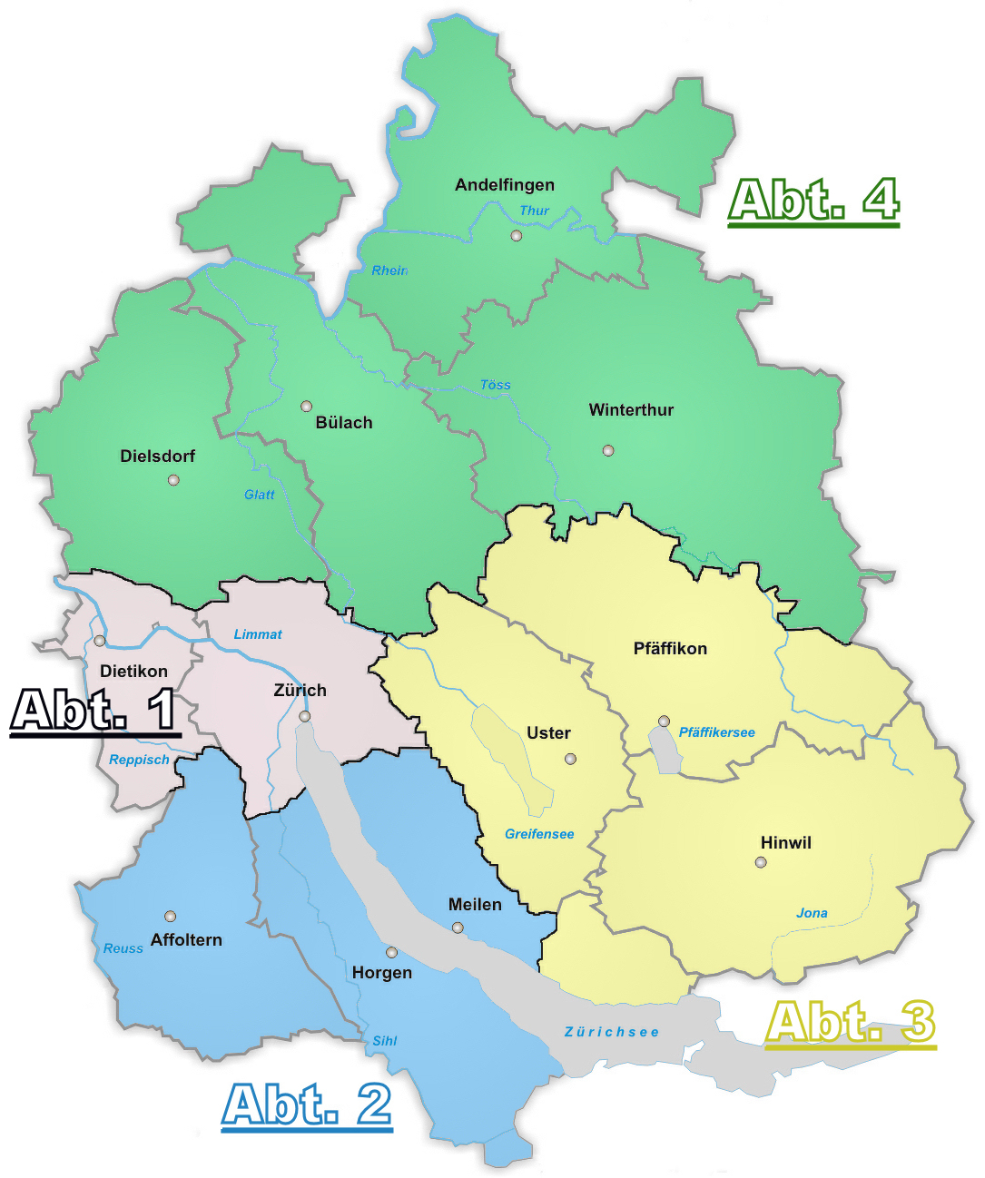 Grafik Karte Kanton Zürich mit der flächenmässigen Aufteilung der vier Abteilungen (Bild: BRG) Grafik Karte Kanton Zürich mit der flächenmässigen Aufteilung der vier Abteilungen (Bild: BRG)